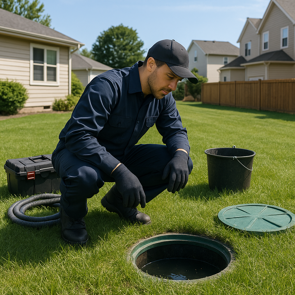 Septic technician inspecting system at a League City home
